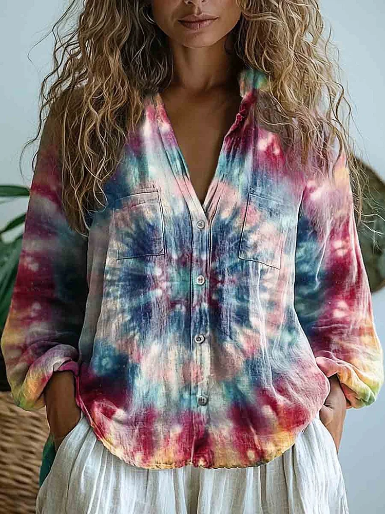 Women's Tie Dye Art Print Casual Long Sleeve Comfortable Cotton Shirt