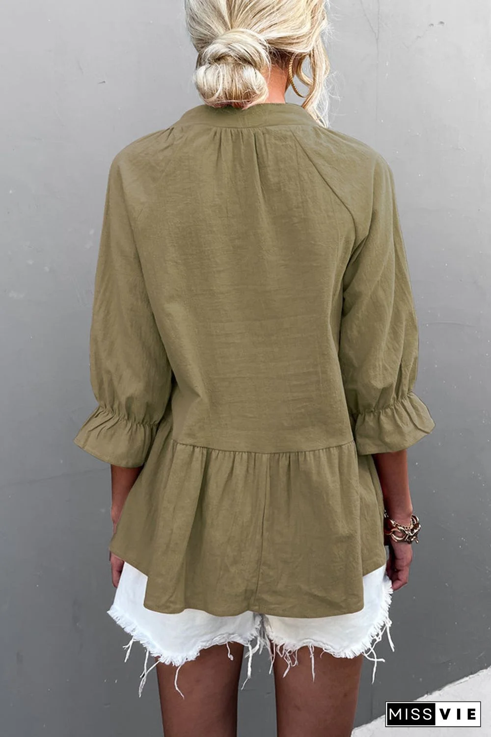 Casual Solid Flounce Fold V Neck Tops(5 Colors)