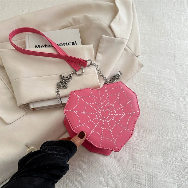 Halloween Women’s Medium Pu Leather Heart Shape Spider Web Streetwear Heart-shaped Zipper Underarm Bag