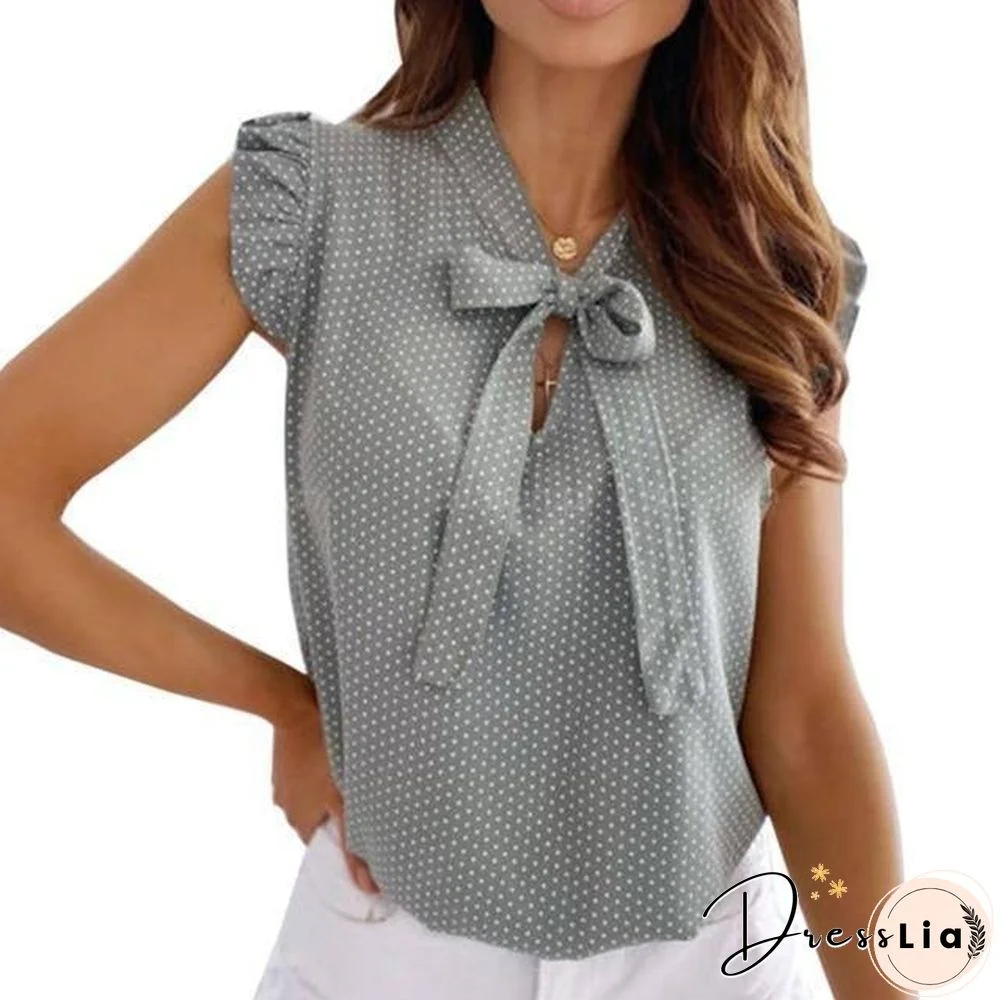 Women's Short Sleeves Bow Lace Up Polka Dot Tops