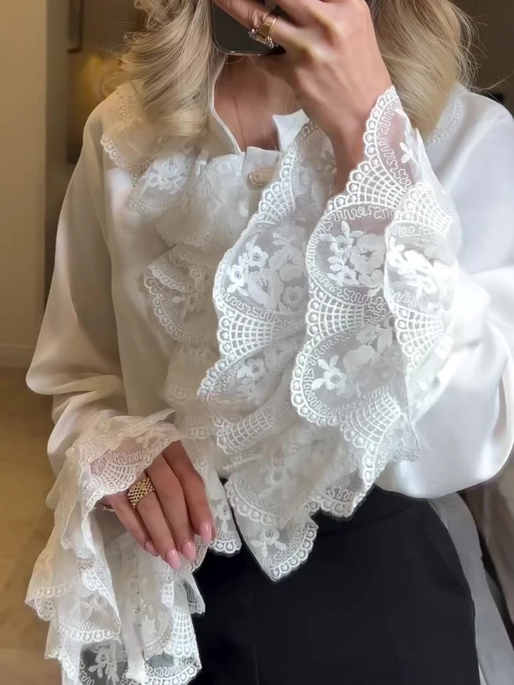 Elegant White Lace Flared Sleeve Shirt