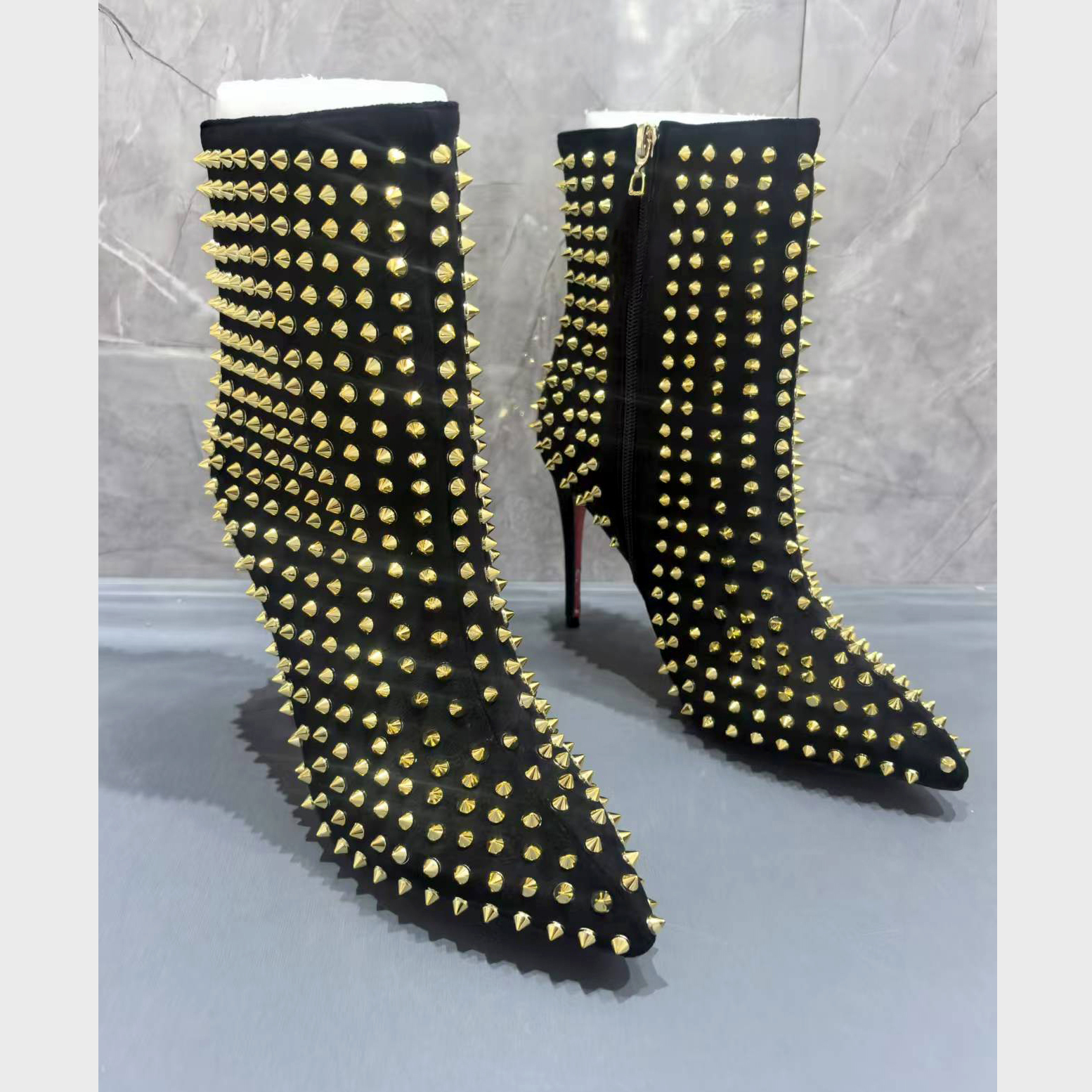 3.94" /4.72" Women's Ankle Boots Red Bottom Shoes Rivet  Closed Pointed Toe Stilettos Booties-MERUMOTE