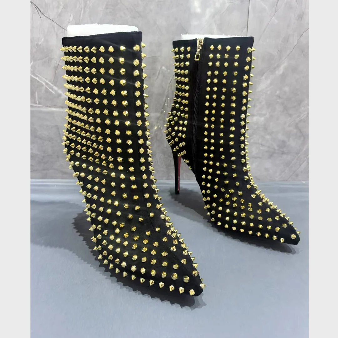 3.94" /4.72" Women's Ankle Boots Red Bottom Shoes Rivet  Closed Pointed Toe Stilettos Booties-MERUMOTE