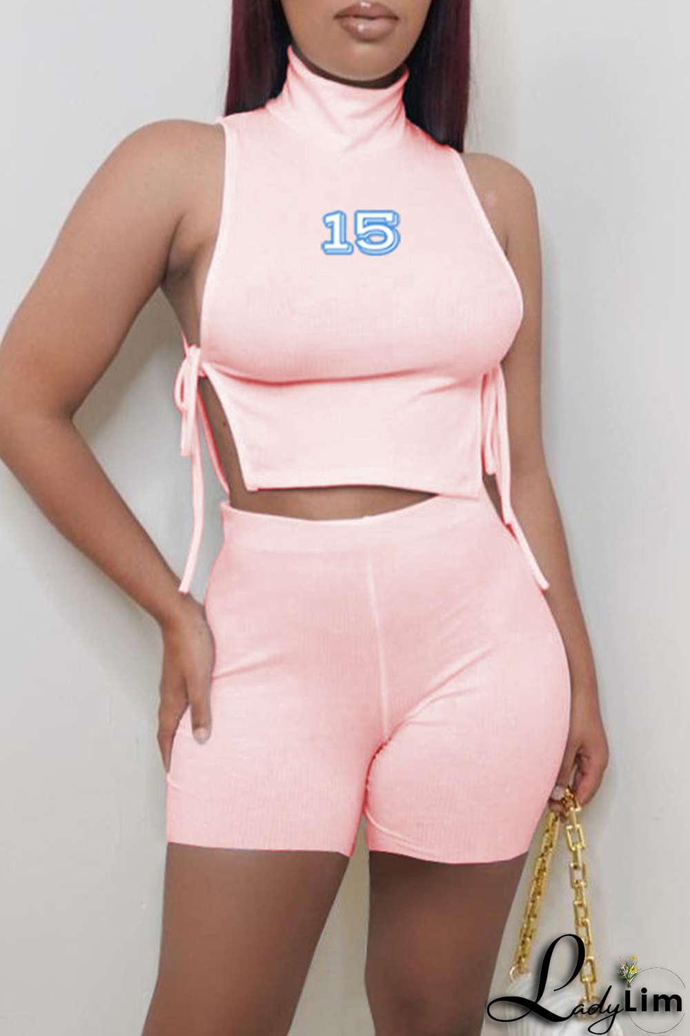 Yellow Fashion Print Draw String Half A Turtleneck Sleeveless Two Pieces