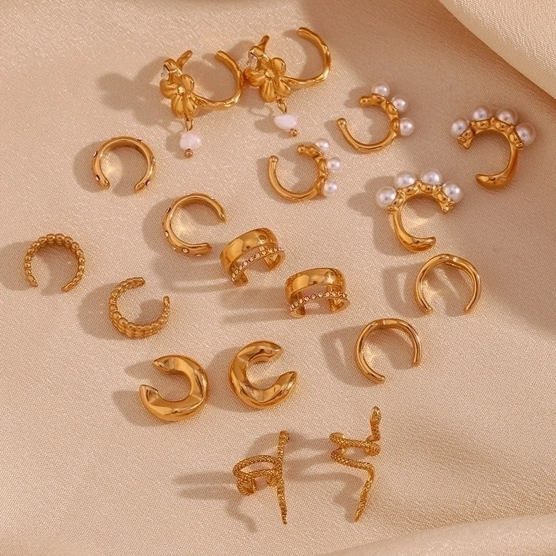 1 Pair Vintage Style Minimalist Classic Style C Shape Flower Snake Plating Inlay Stainless Steel Pearl Zircon 18k Gold Plated Ear Cuffs