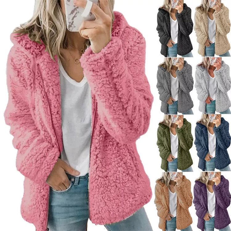 Women Open Front Hooded Cardigan Fleece Pocket Outwear