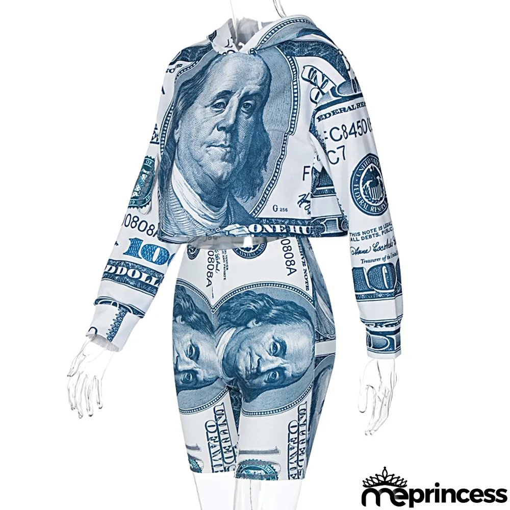 Autumn Money Print Hoody Shirt and Shorts Set
