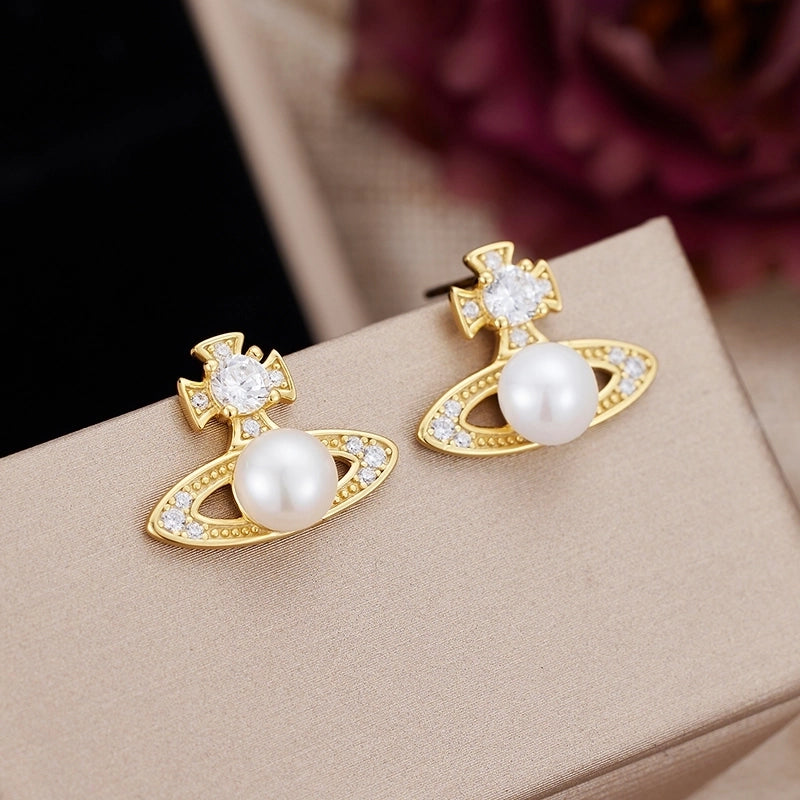 1 Pair 18K Gold Plated White Gold Plated 925 Sterling Silver Pearl Zircon 925 Sterling Silver Earrings Geometric Planet Ear Studs