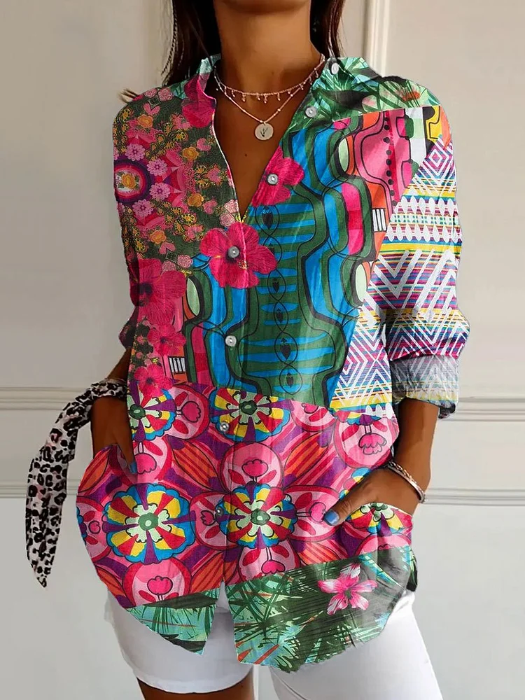 Women's Flower Print Casual Cotton Shirt
