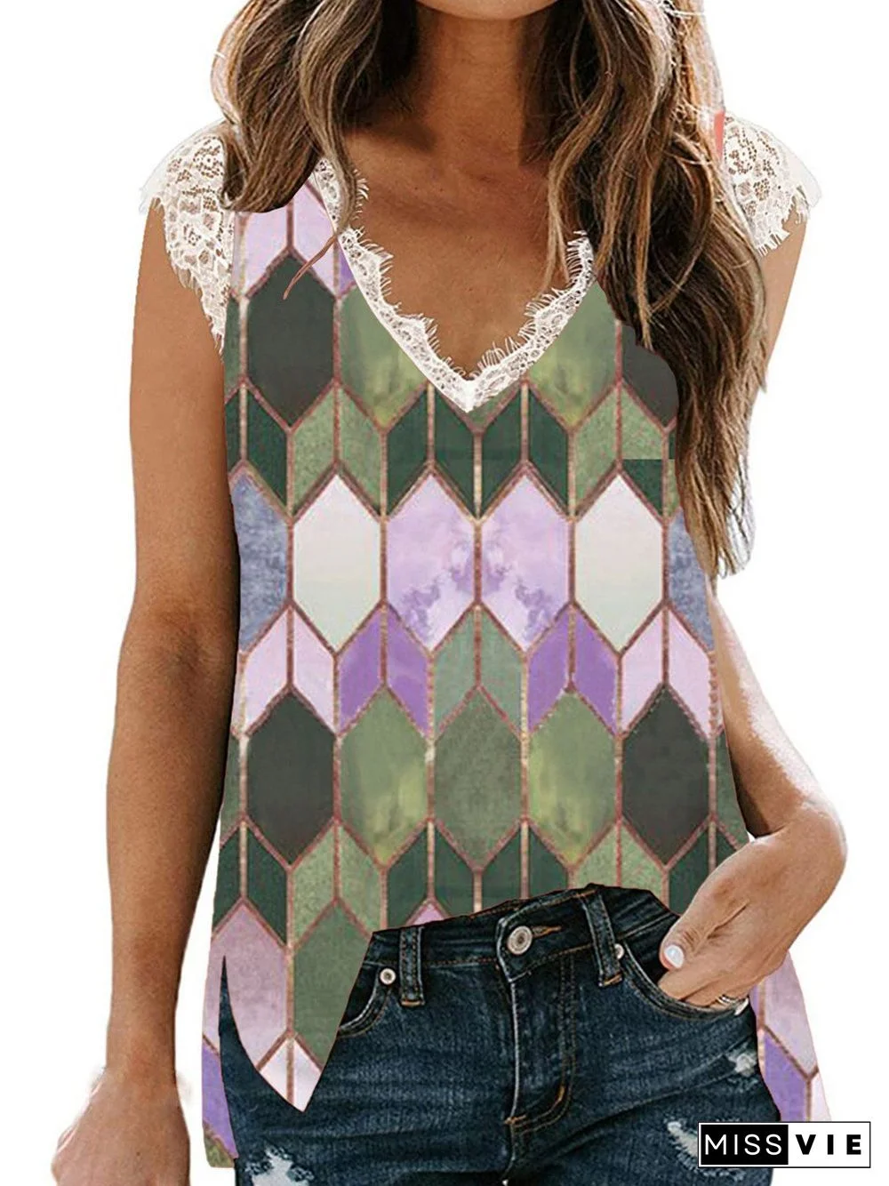 Women Sleeveless V-neck,Lace Colorblock Gradient Top