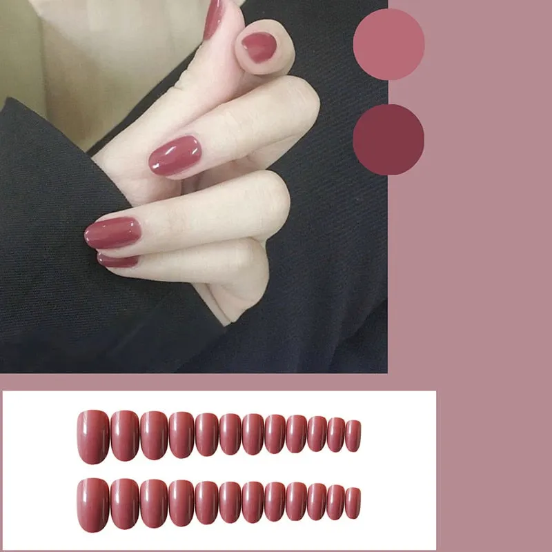 24pcs/Set Gorgeous Wine Red False Nails With Glue Middle Long Round Head Full Nail Tips Finished Fake Nail artificial nails-Nail Inspo
