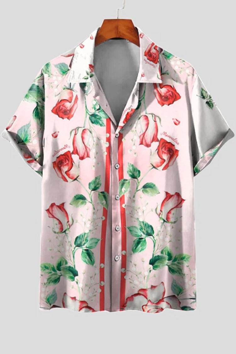 Red Rose Print Short Sleeve Shirt