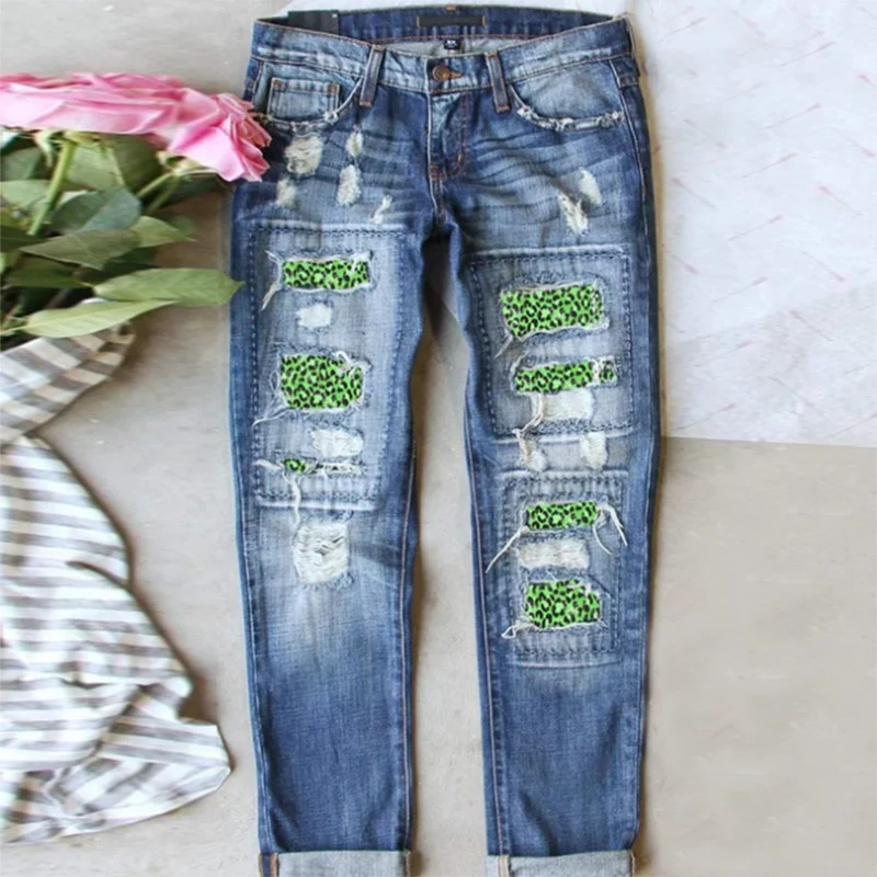 Green Leopard Print Paneled Ripped Straight Jeans