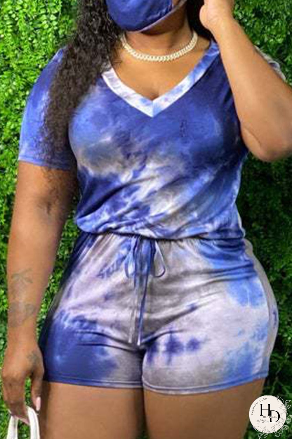 Blue Plus Size Fashion Sexy Casual Tie Dye Frenulum O Neck Plus Size Jumpsuits