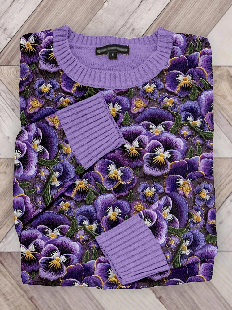 VChics Purple Pansy Flower Embroidery Pattern Cozy Sweater