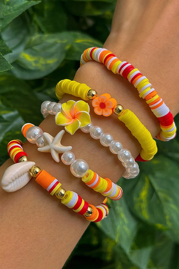 Vacation Boho Layered Flower Starfish Conch Sea Turtle Pearl Beaded Bracelet Set 2024 - Xpluswear