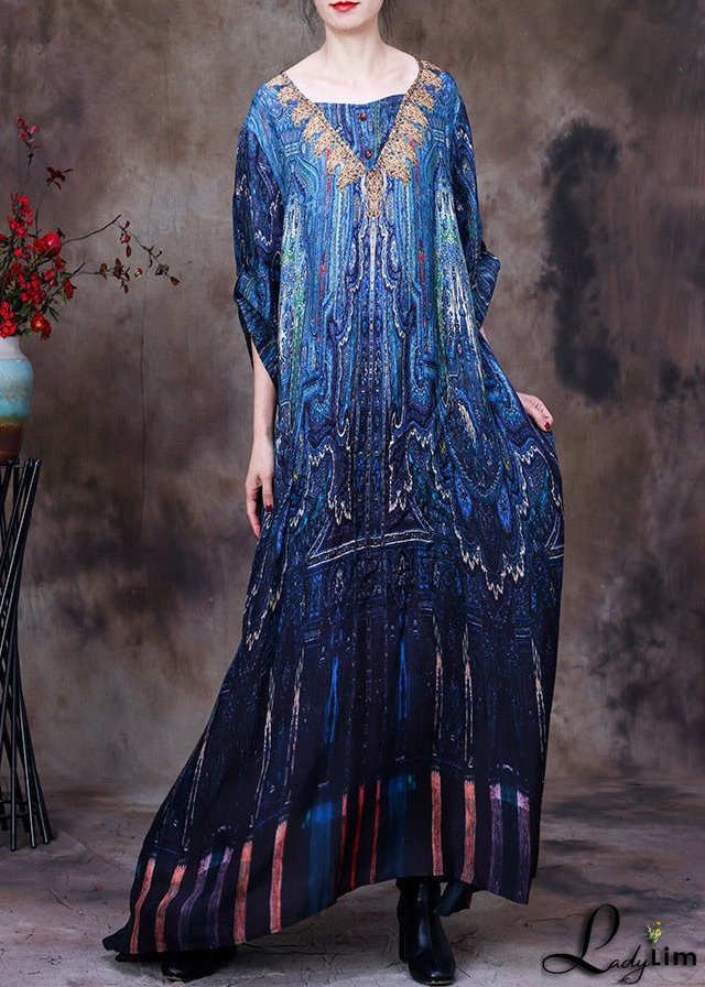 Elegant Peacock Blue V Neck Print Side Open Button Silk Long Dresses Summer