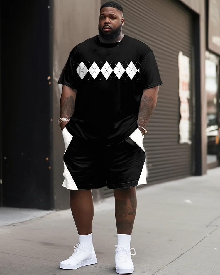Men's Plus Size Casual Simple Geometric Patchwork Printed T-shirt Shorts Suit