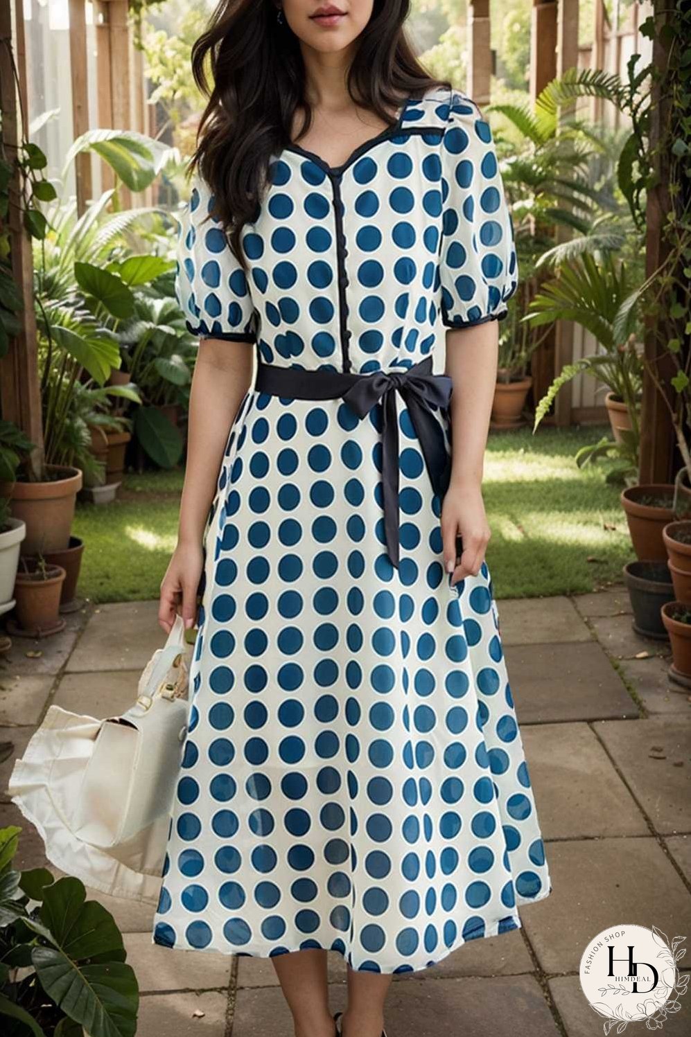stylish printed high waist polka dot midi dress