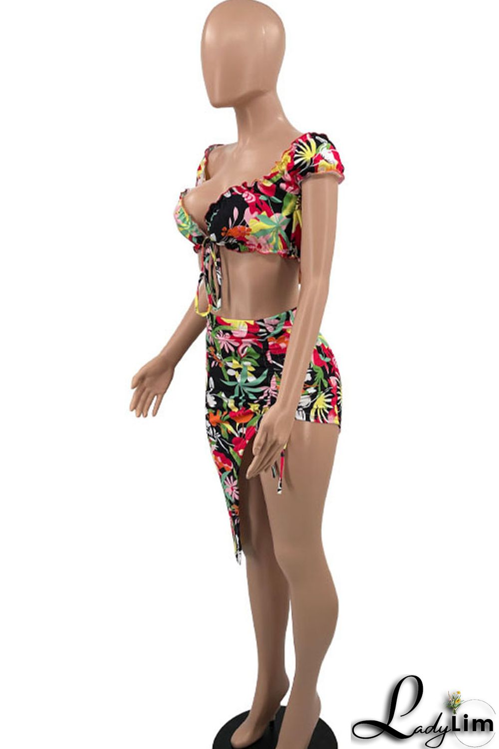 Red Sexy Sweet Print Bandage Patchwork V Neck Short Sleeve Two Pieces