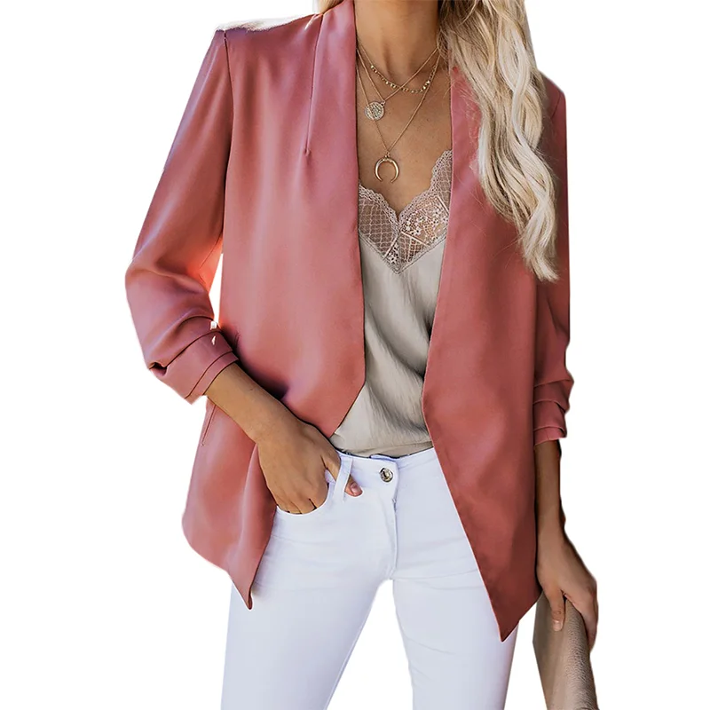 Pink 3/4 Sleeve Lightweight Blazer With Pockets