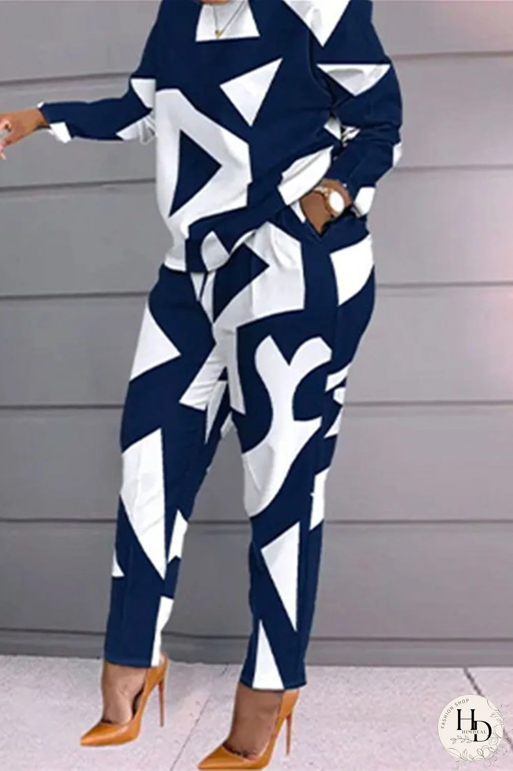 Blue Fashion Casual Print Patchwork O Neck Long Sleeve Two Pieces