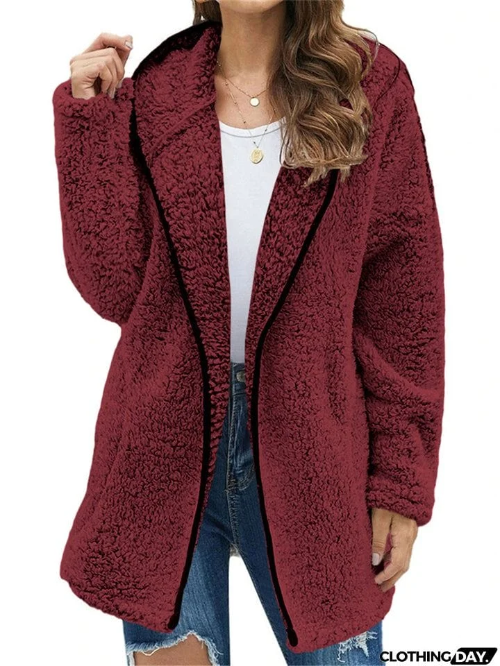 Ladies Casual Solid Color Hooded Plush Fleece Coats