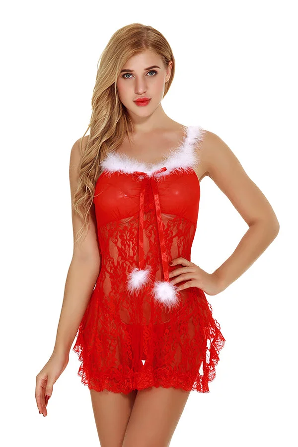 Women Spaghetti Straps Lace Up Sheer Babydoll Christmas Lingerie Red-elleschic