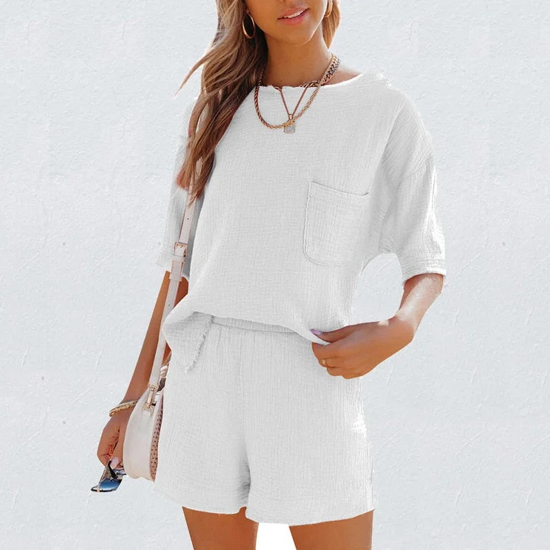 Summer Casual Cotton Linen Pocket Sets Short Sleeve T Shirt And Elastic Shorts Two Piece Set Women Beach Solid Outfits Tracksuit