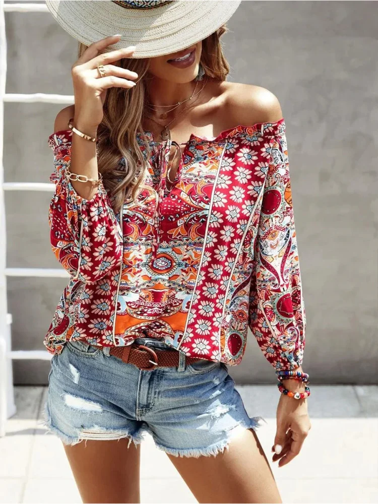 Women's Blouses Bohemian Floral Print Off-Shoulder Blouse