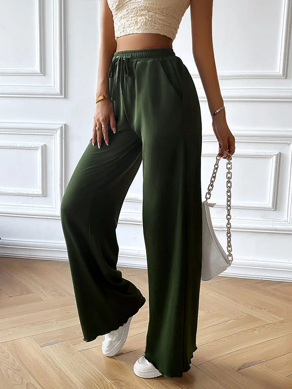 Solid Color Elasticity Drawstring Straight Leg Loose Trousers Pants
