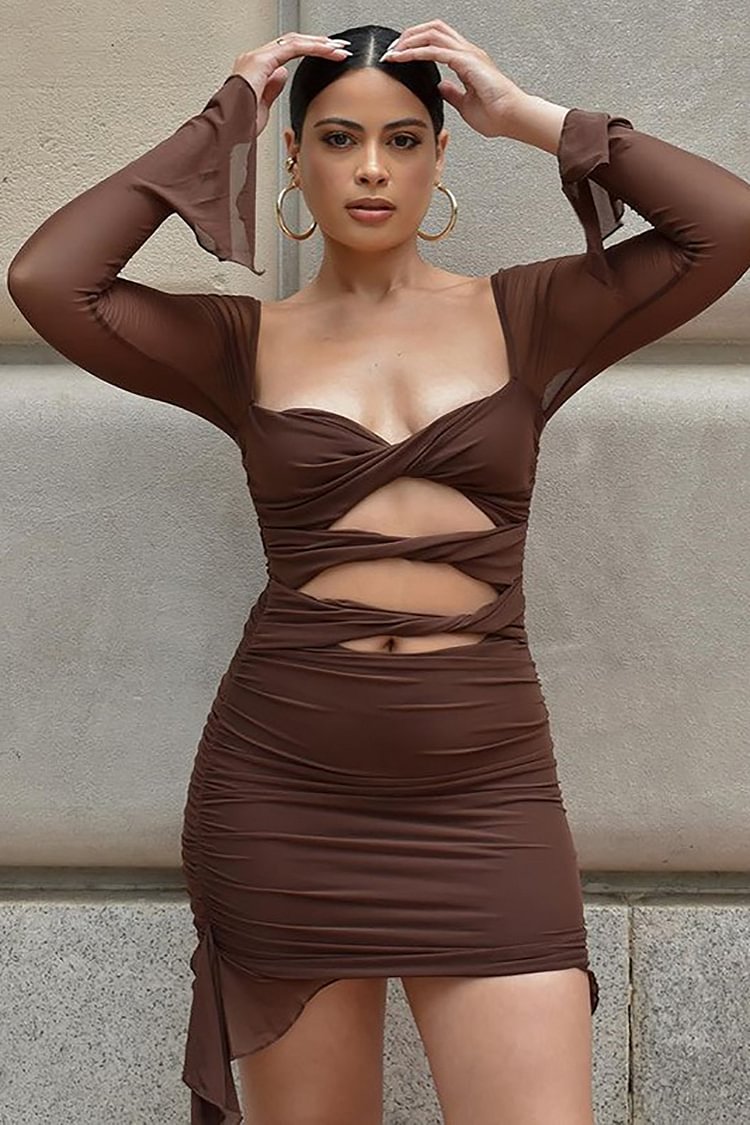 Mesh Front Cut Out Long Sleeve Irregular Hem Bodycon Mini Dresses