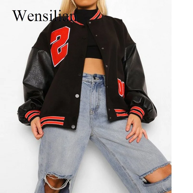 College Bomber Jacket Women Coats Hip-Hop Baseball Harajuku Streetwear Casual Outerwear Loose Stitching IG Style Varsity Jacket