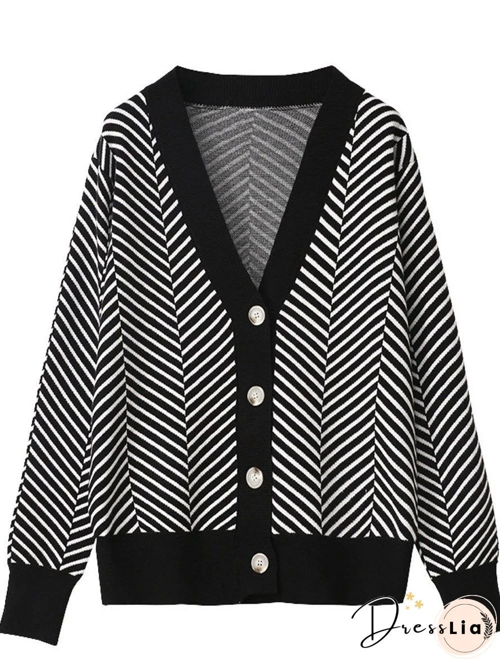V-neck Striped Casual Loose Sweater Cardigan