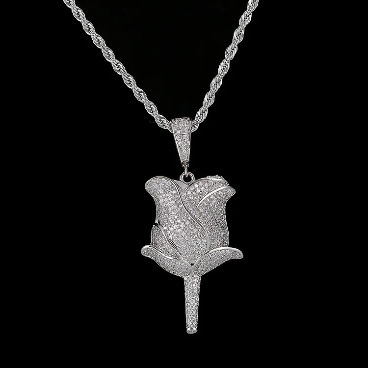 Iced Out Rose Flower Petals Pendant Necklace Cubic Zircon-VESSFUL