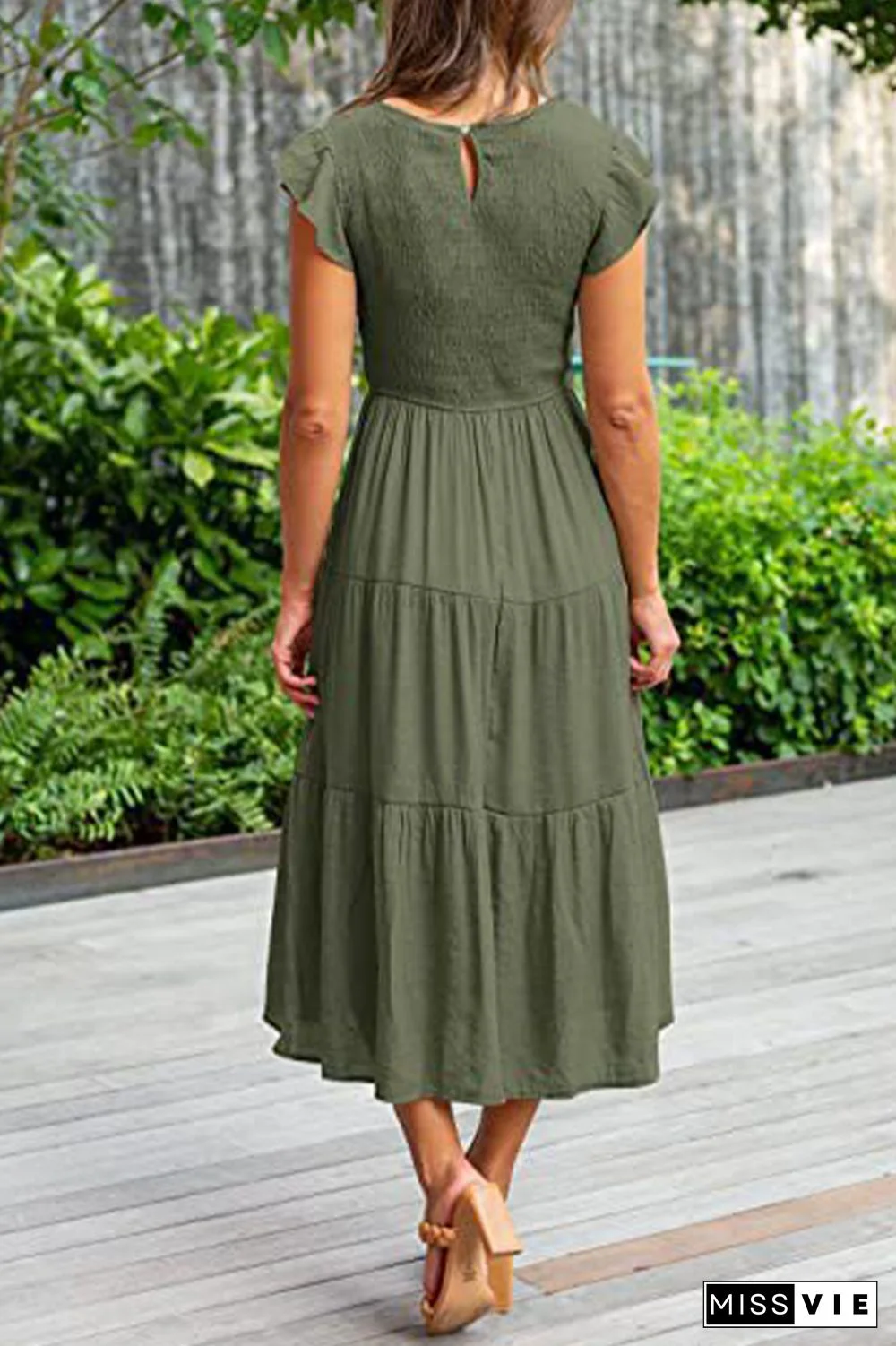 Fashion Solid Flounce O Neck Cake Skirt Dresses(9 Colors)