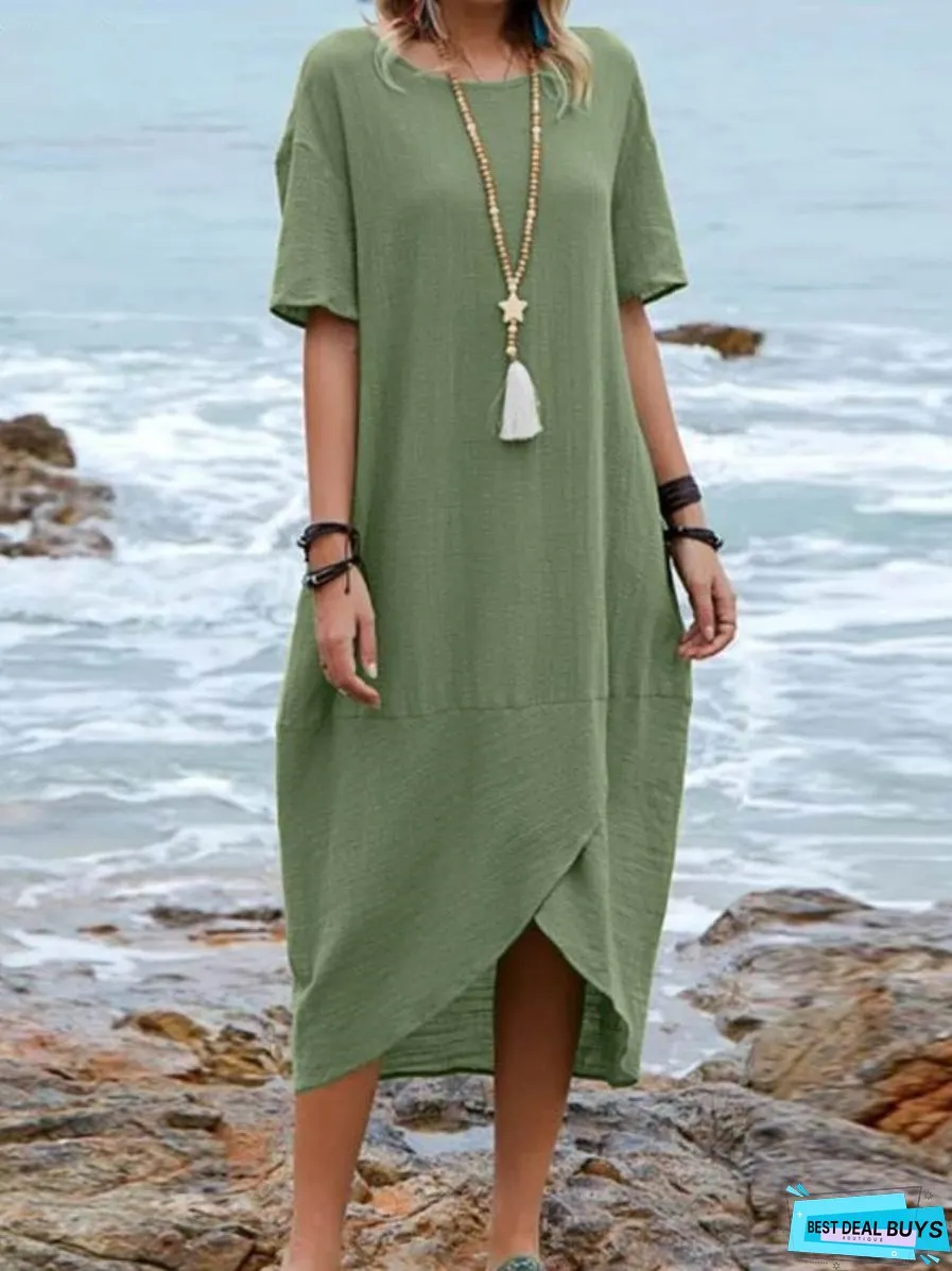 Vintage Cotton-linen Short-sleeve Dress