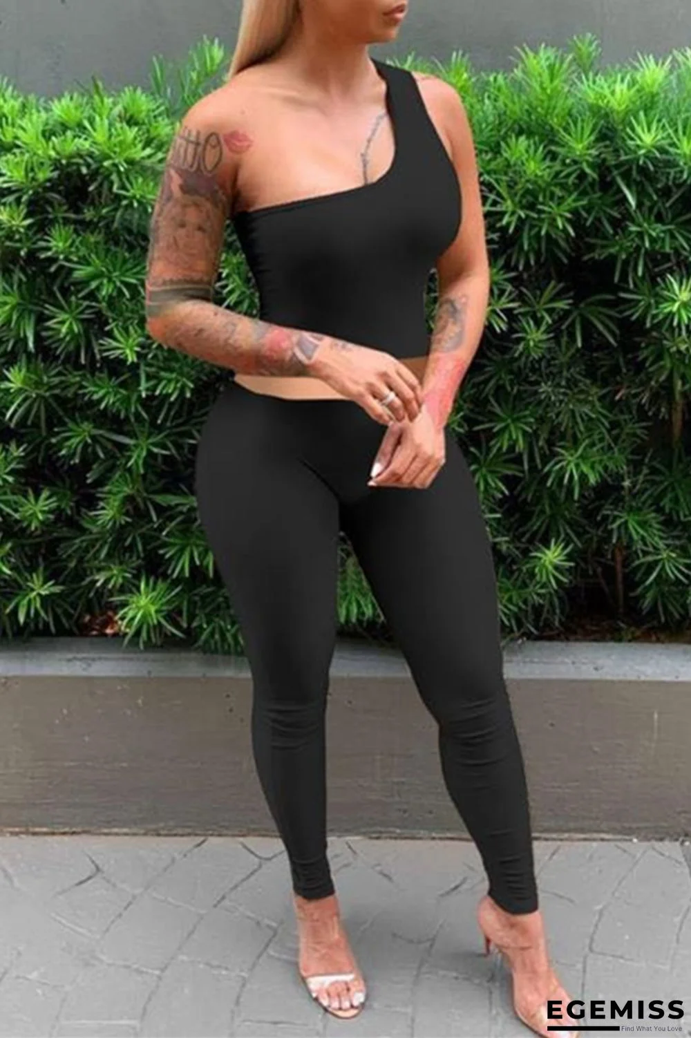Black Sexy Casual Solid Backless One Shoulder Sleeveless Two Pieces | EGEMISS