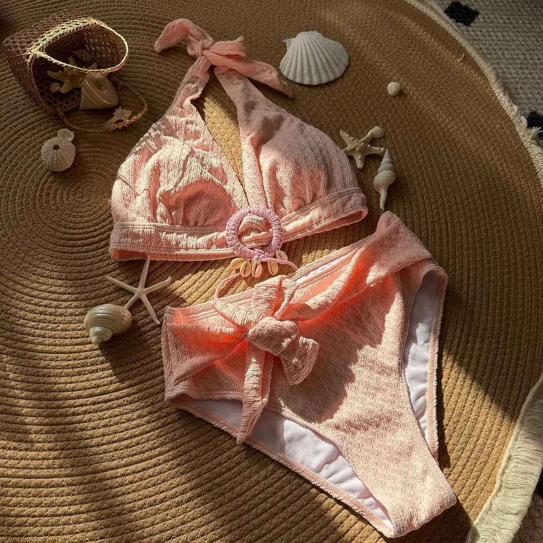 Brownm 2025 New Small Fresh Shell Beach Special Fabric High-Waisted Split Swimsuit Swimsuit