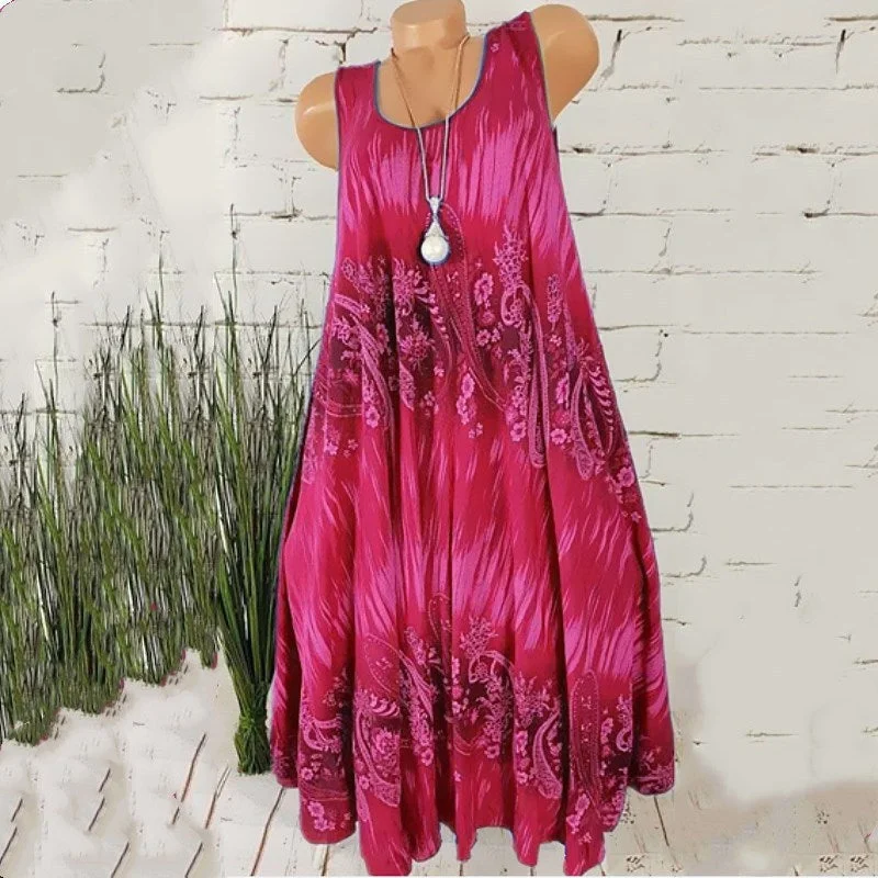 Uveng Temperament Commute Summer Digital Print Sleeveless Round Neck Dress