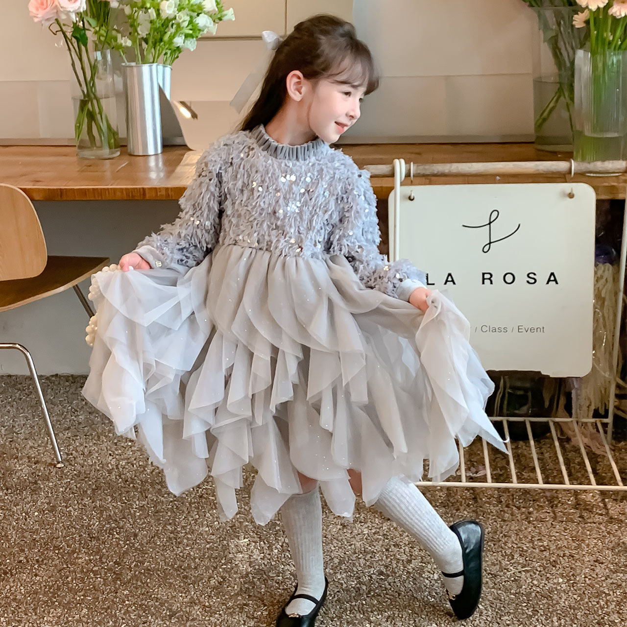 Girls' New Gray Sequined Lolita Cake Dresses