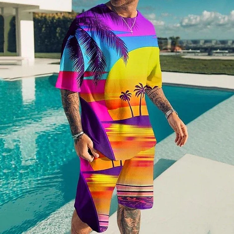 BrosWear Purple Sunset Coco Print T-Shirt And Shorts Co-Ord