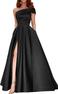Sexy Lady Party Slit Grown One Shoulder Satin Prom Evening Maxi Prom Dress