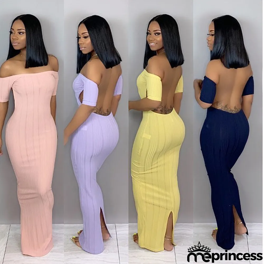 Short Sleeve Backless Off Shoulder Long Party Dress