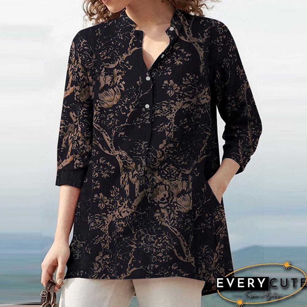 Womens Fashion Casual Cotton Top Autumn Floral Print Neck Sleeve Baggy Retro Shirt Blouse