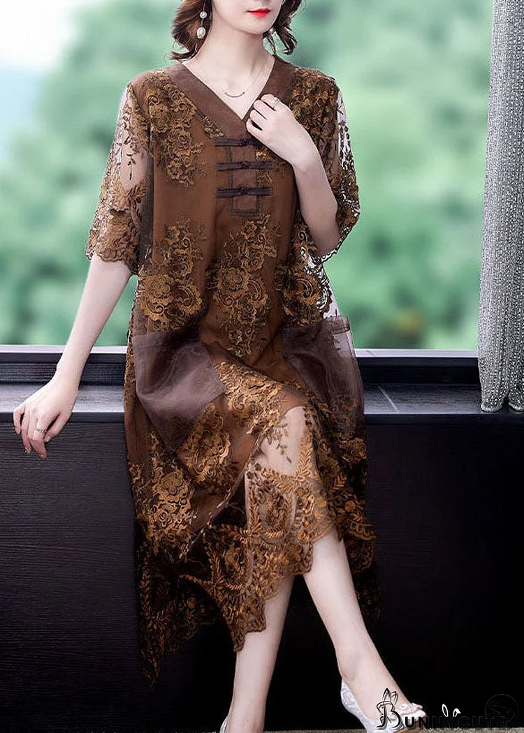 Chocolate Patchwork Lace Maxi Dresses V Neck Embroideried Summer