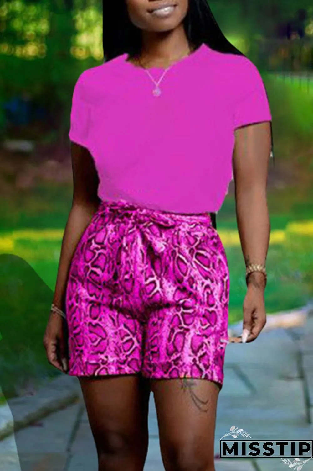 Green Casual Print Patchwork O Neck Short Sleeve Two Pieces