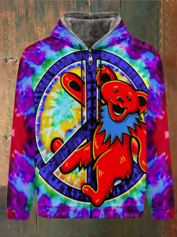 Unisex Bear Print Double Layer Fleece Zip-Up Hooded Jacket