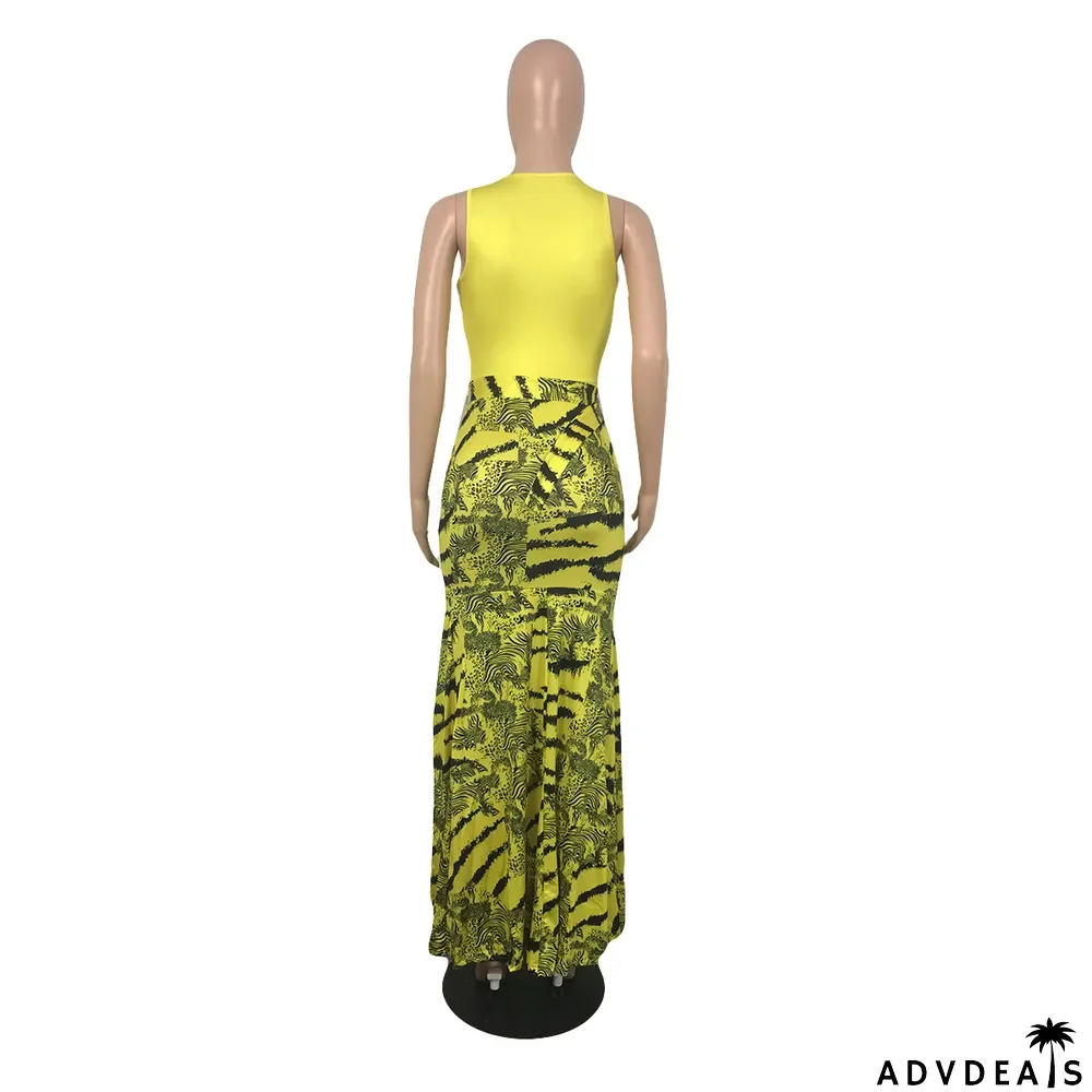 Women Summer Sleeveless V-Neck Print Pleated Dress