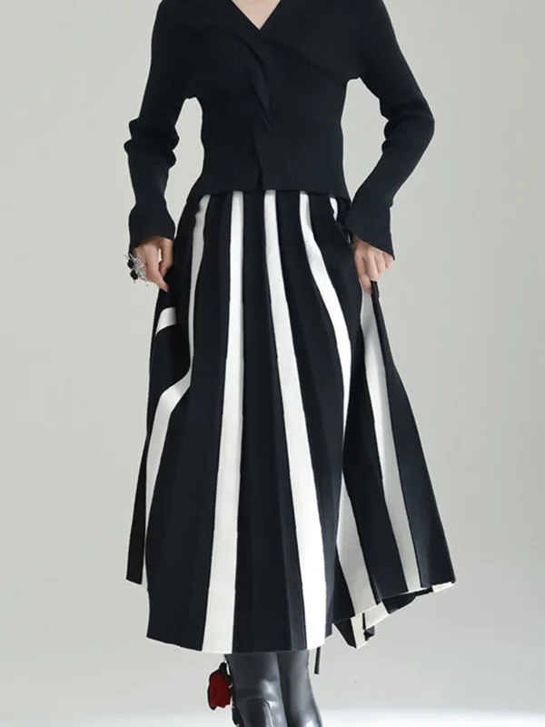 A-Line Loose Contrast Color Pleated Skirts Bottoms